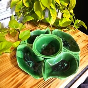 Vintage California Pottery Emerald Green 3 Pc Chip And Dip Set